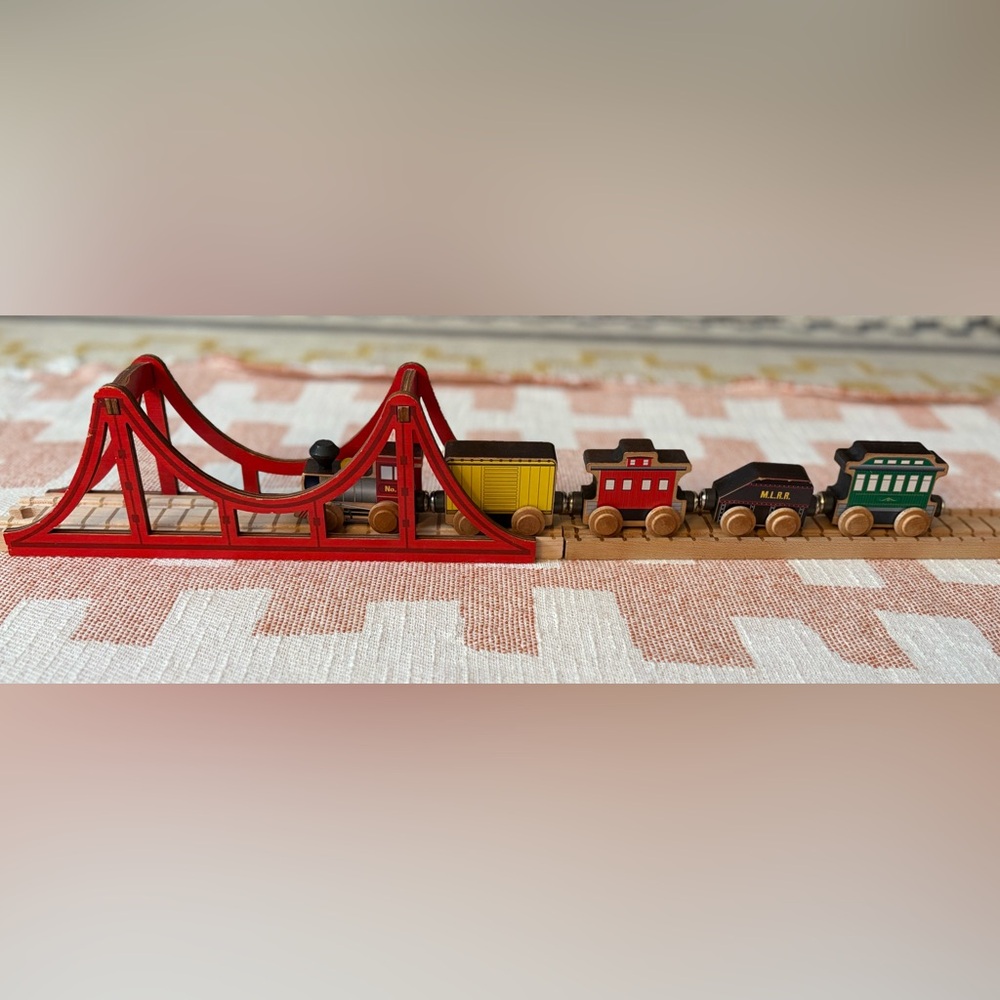 Classic Wooden Train Set with Red Bridge